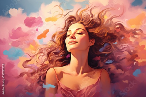 Enchanting woman captivated by surreal rainbow light in digital art illustration painting