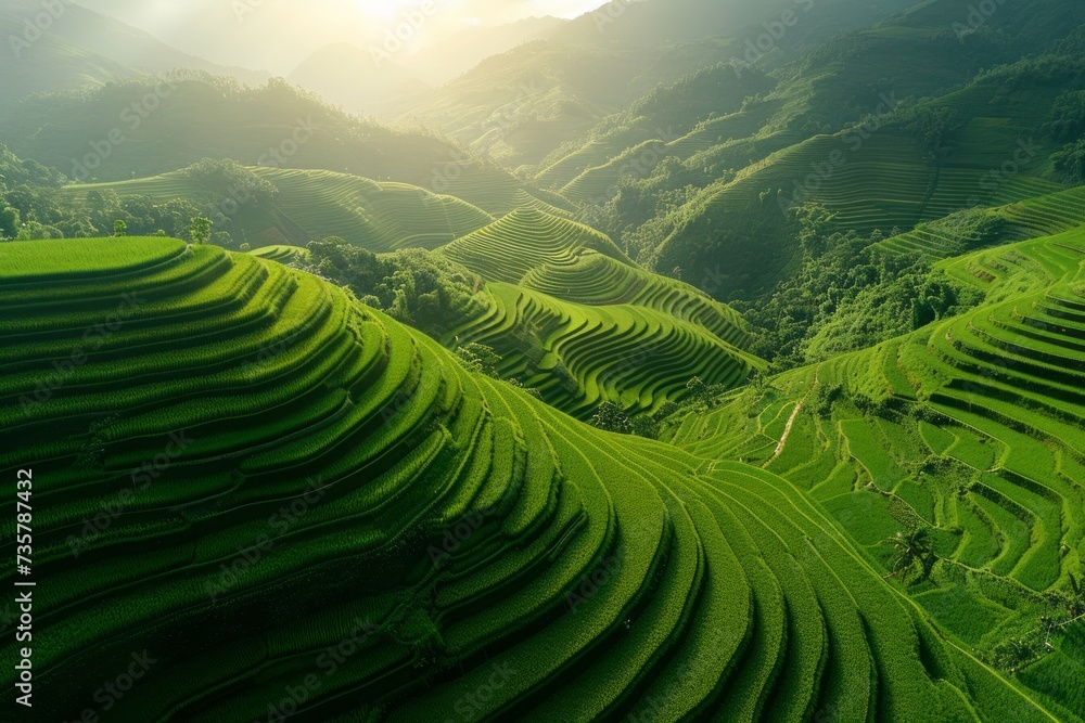 Bird's-eye view of rice fields, dreamlike landscape of rice cultivation, lush Asian fields and plantations. Generative AI