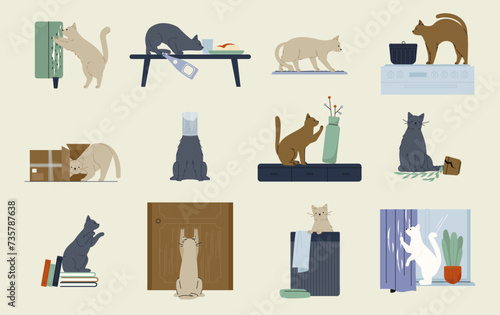 Naughty cat behavior. Cartoon kitten characters playing, scratching, destroying, doing funny mischief. Vector funny home pets collection