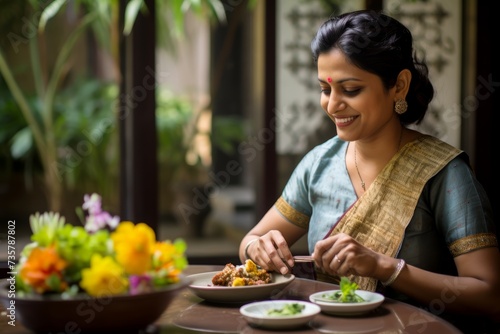 A 38-year-old Indian woman enjoying a bowl of Gujarati khandvi in the serene setting of an Ahmedabad garden restaurant