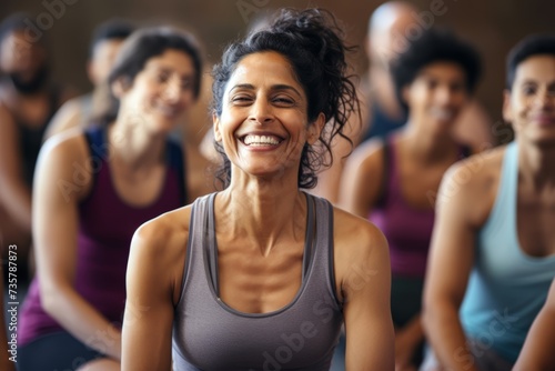 A 36-year-old Indian woman attending a Stretching & Pilates class, enjoying the camaraderie and encouragement of her fellow participants.