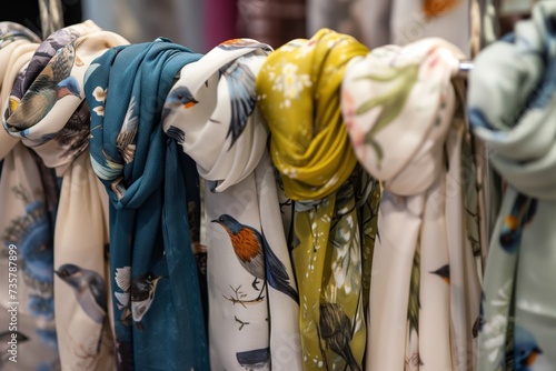 lightweight scarves with bird prints on a freestanding rack photo