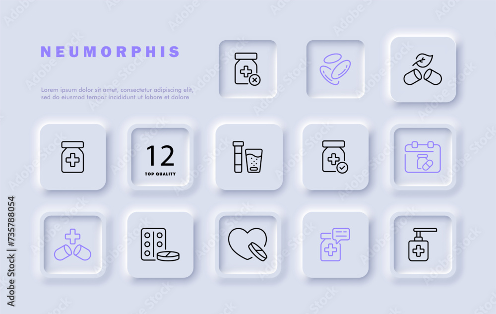 Medicine set line icon. Tablets, mortar, pestle, shield, treatment, natural ingredients. Neomorphism style. Vector line icon for business and advertising Medicine set line icon. Tablets, mortar, pestle, shield, treatment, natural ingredients. Neomorphism style. Vector line icon for business and advertising