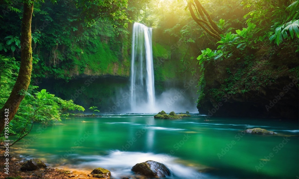 Waterfall hidden in the tropical jungle, amazing nature Waterfall hidden in the tropical jungle, amazing nature