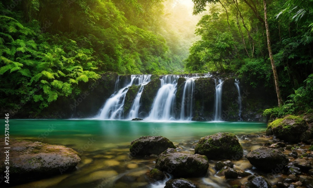 Fototapeta premium Waterfall hidden in the tropical jungle, amazing nature