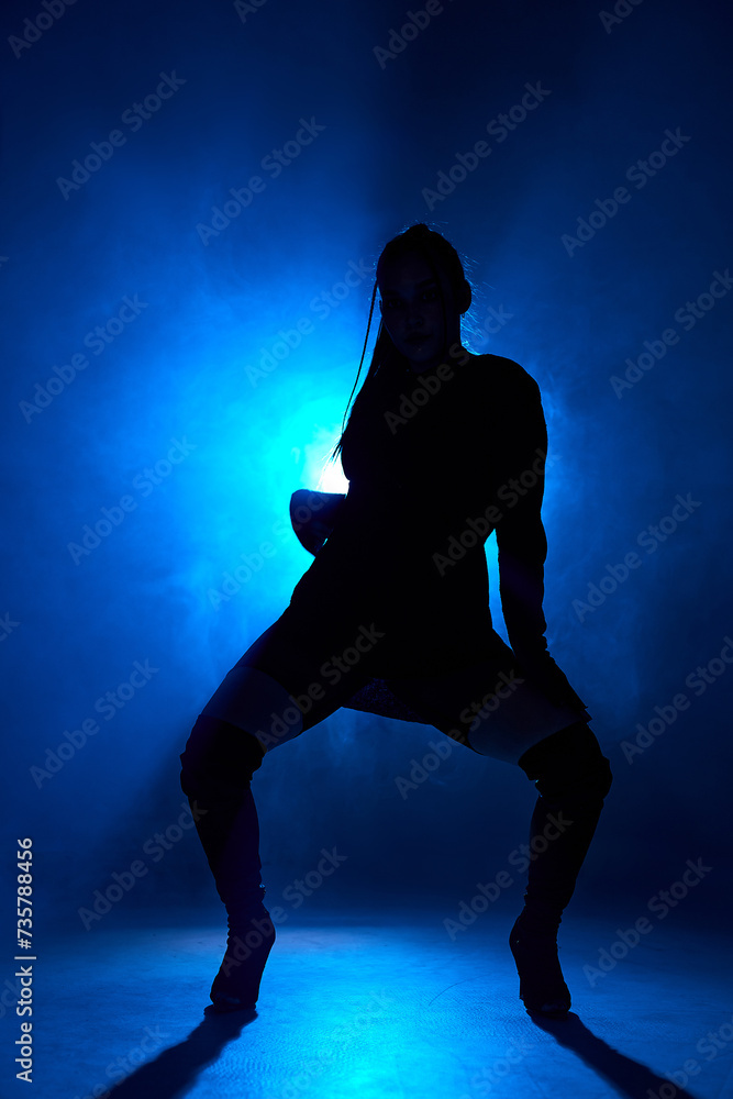 Silhouette of passionate sexy caucasian lady dancing on heels alone in studio on blue smoky dark background. Slender young woman alone in room with blue backlit. modern dance, contemporary Silhouette of passionate sexy caucasian lady dancing on heels alone in studio on blue smoky dark background. Slender young woman alone in room with blue backlit. modern dance, contemporary