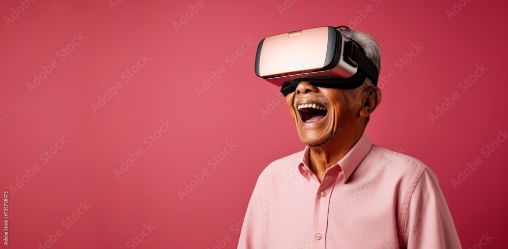 75-year-old Asian man captivated by virtual reality with wireless VR goggles against a soft pastel brown background with ample copy space, her expression reflecting a mix of astonishment and joy. 75-year-old Asian man captivated by virtual reality with wireless VR goggles against a soft pastel brown background with ample copy space, her expression reflecting a mix of astonishment and joy.
