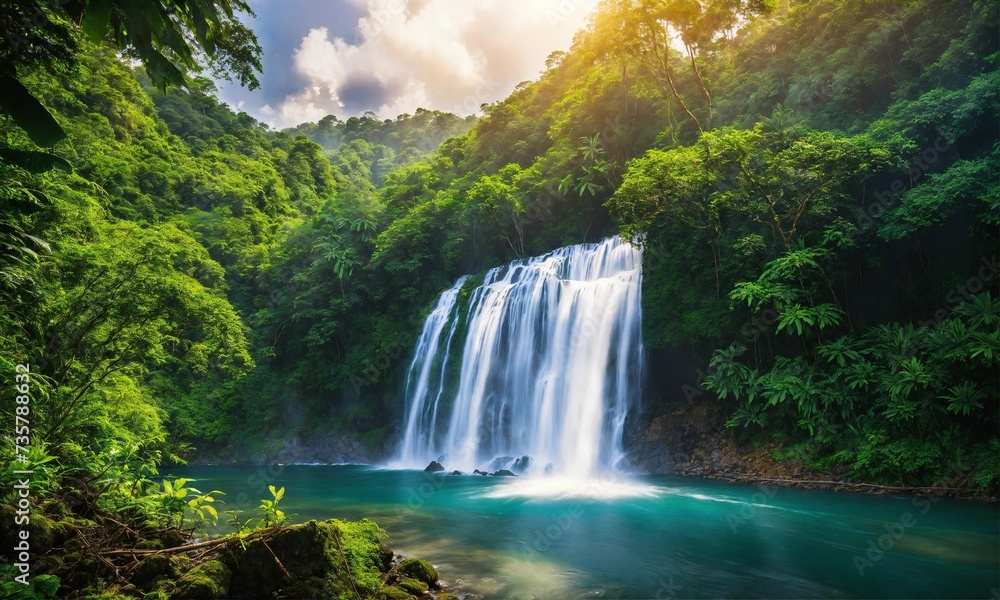 Fototapeta premium Waterfall hidden in the tropical jungle, amazing nature