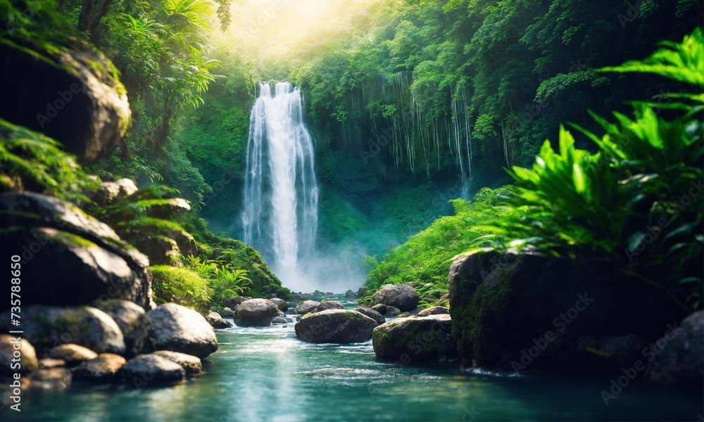 Fototapeta premium Waterfall hidden in the tropical jungle, amazing nature