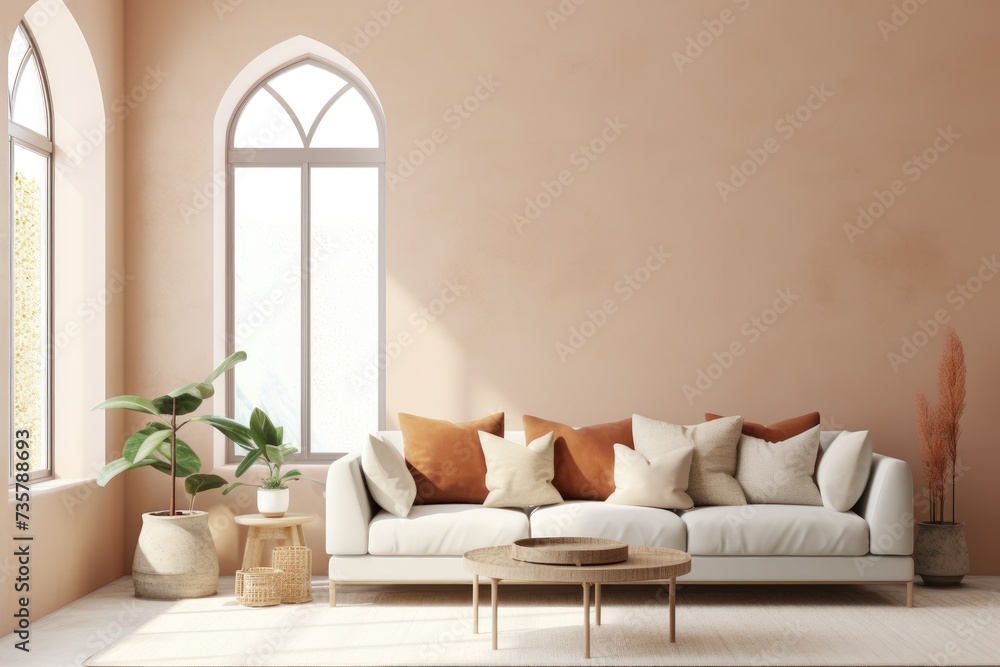 Naklejka premium A cozy living room featuring a comfortable couch and a stylish table.