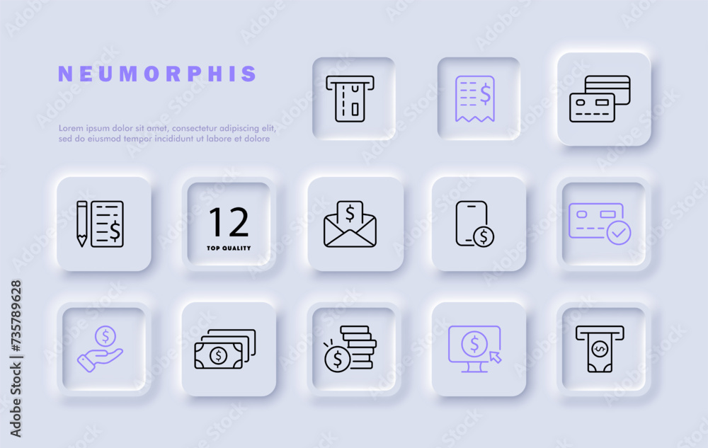 Online banking set line icon. Bank card, transfer, currency, dollar, bill, calculator, calculation. Neomorphism style. Vector line icon for business and advertising Online banking set line icon. Bank card, transfer, currency, dollar, bill, calculator, calculation. Neomorphism style. Vector line icon for business and advertising
