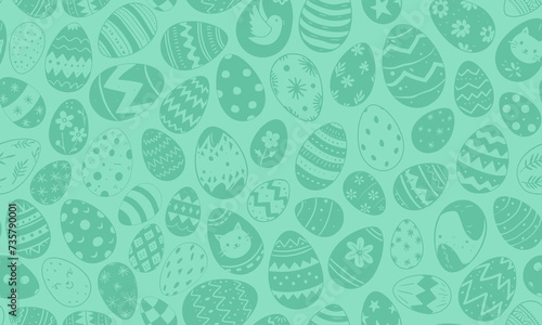 Easter eggs vector seamless pattern illustration. Painted chicken egg for spring holiday celebration in style of hand drawn doodle, green background. Repeated wallpaper