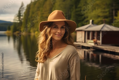 A female tourist enjoying the peaceful lakeside scenery, with a cabin and mountains in the background