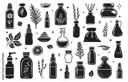 Essential oils vector illustration set. Aromatherapy, aromatic herbs in style of hand drawn black doodle on white background. Aroma diffuser, extract bottles silhouette sketch