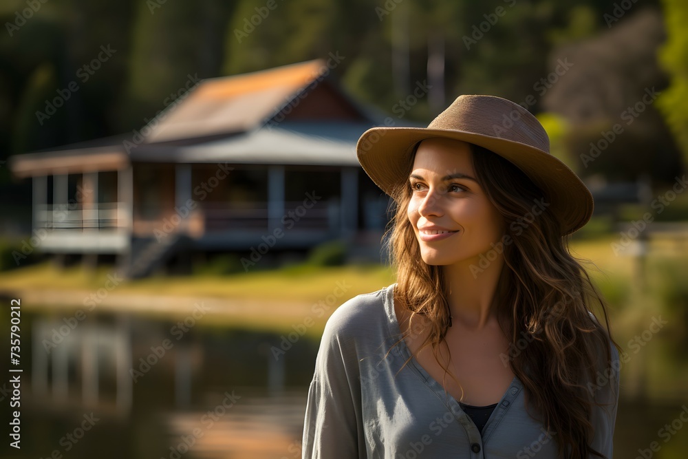 A female tourist enjoying the peaceful lakeside scenery, with a cabin and mountains in the background