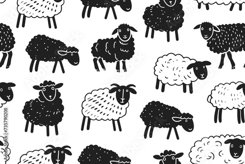Sheep seamless pattern vector illustration. Farm animals in style of hand drawn black doodle on white background. Counting sheep, good night silhouette sketch for kid fabric photo