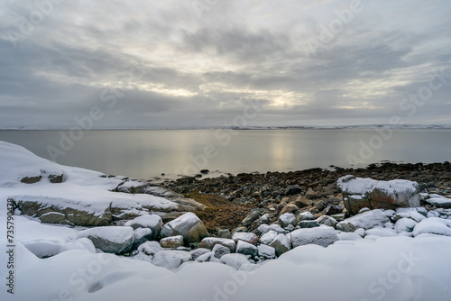 Wintry coastal landscape of Varangerfjorden, Northern Norway