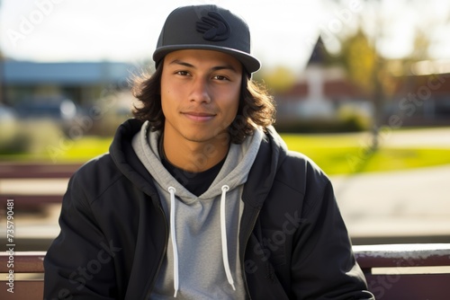 A young Native American man, around 20 years old, wearing a hoodie and baseball cap, sitting on a bench in a suburban neighborhood