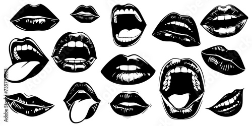 Lips kiss, girl lipstick vector illustration. Mouth expressions in style of hand drawn black doodle on white background. Smile emotions silhouette grunge sketch