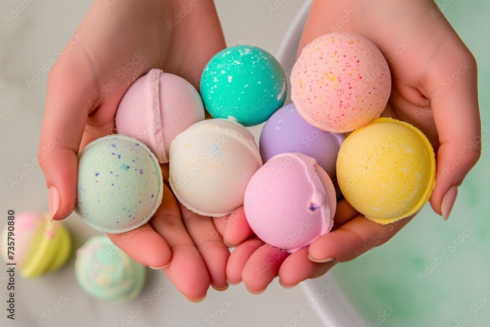 Fototapeta premium hands holding an assortment of colorful bath bombs