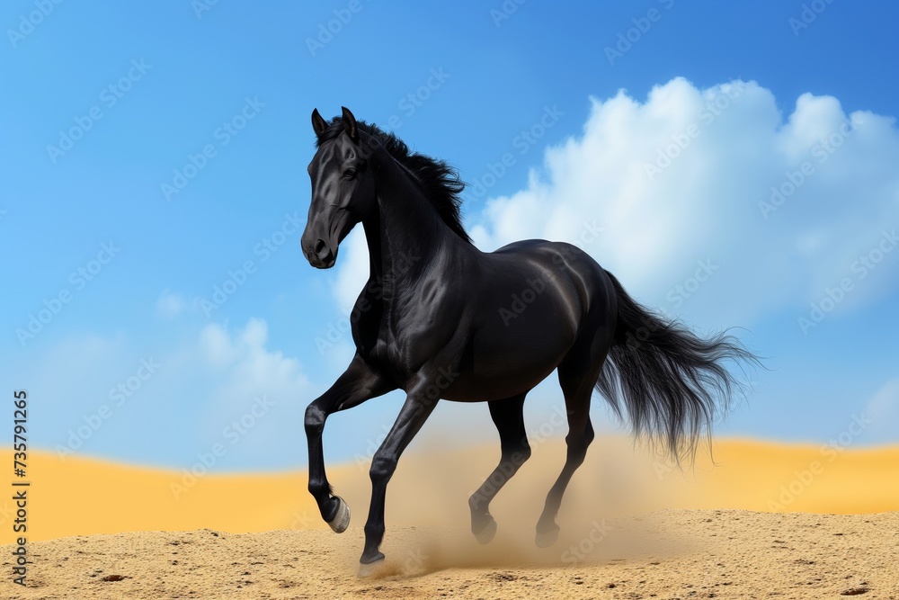 black horse with flowing mane on golden sand, blue sky black horse with flowing mane on golden sand, blue sky