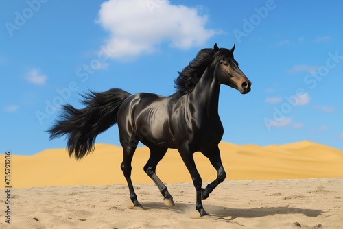 black horse with flowing mane on golden sand  blue sky