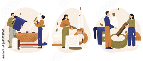 People making candles. Cartoon characters making handmade oil lamp, creative workshop with various tools and ingredients. Vector isolated concepts