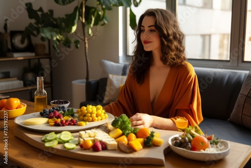 Trendy girl dinner featuring a casual cheese and fruit platter  perfectly arranged for a solo evening  set against the backdrop of a stylishly decorated living space