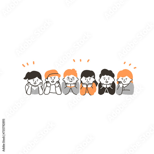 頬杖ついて笑顔で寄り添うこどもたち　全身