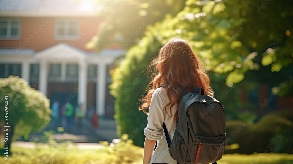 Schoolgirl Walking Through Campus with Backpack, Back to School Banner Background Schoolgirl Walking Through Campus with Backpack, Back to School Banner Background