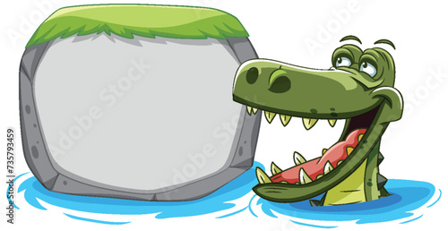 Cartoon crocodile emerging from water near rock