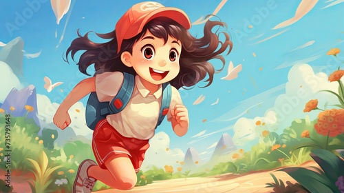Cute Asian Schoolgirl Excitedly Running with Backpack, Heading Back to School