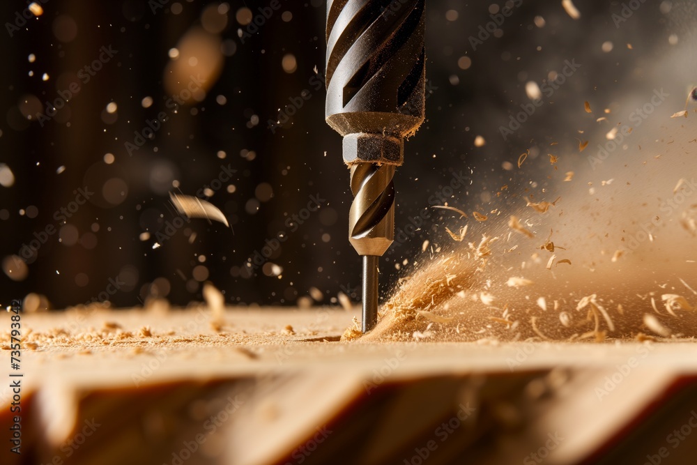 closeup of drill bit entering wood surface with sawdust flying - obrazy, fototapety, plakaty 
