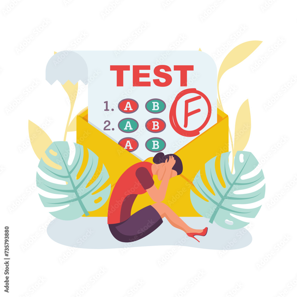 Bad grade student. Failed test. Bad rating. Negative result. Sad girl sits with refusal in envelope. Disgruntled caucasian student, disappointed with test, grade F. Vector illustration flat design.