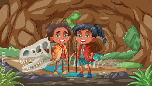 Two children smiling beside a large dinosaur skeleton