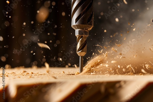 closeup of drill bit entering wood surface with sawdust flying