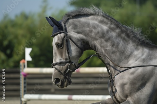 closeup on a grey horses face while clearing a jump