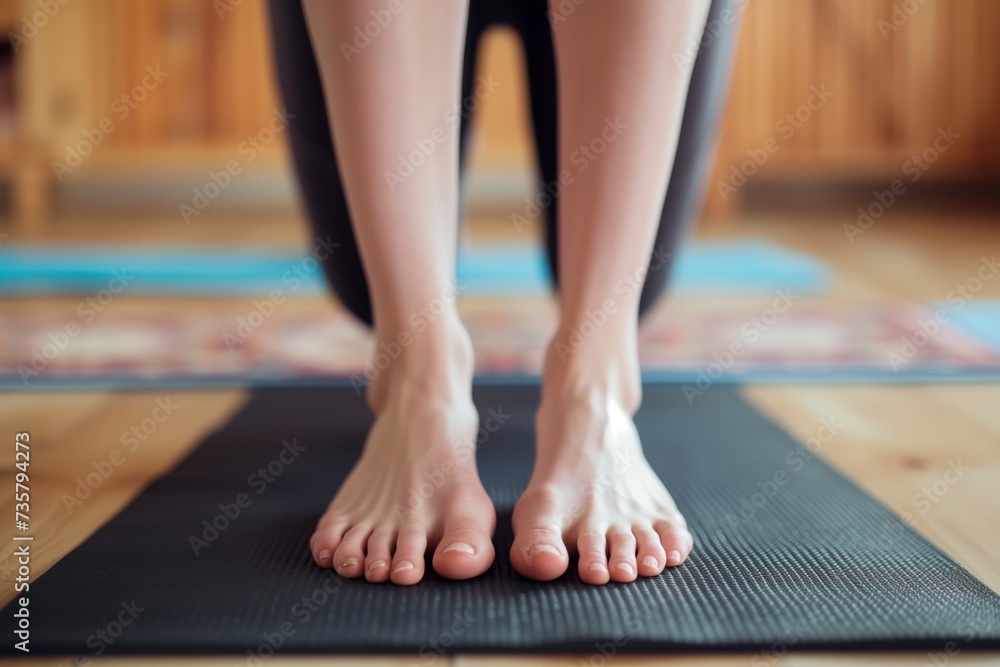 womans feet on yoga mat practicing mountain pose - obrazy, fototapety, plakaty 