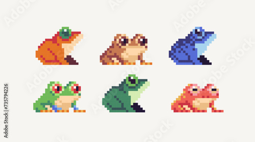 Frogs pixel art set. Toad collection. 8 bit. Game development, mobile app. Isolated vector illustration. Cross stitch pattern.