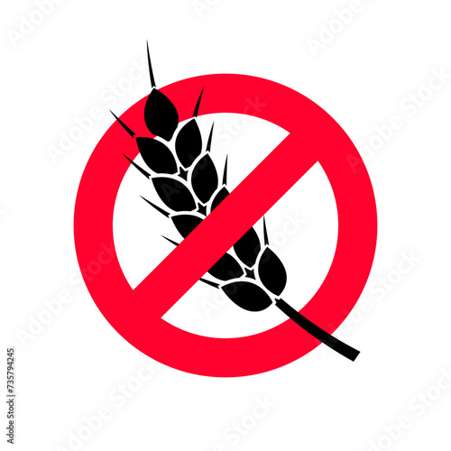 Free gluten icon. Red prohibition circle and spikelet of wheat. Symbol No Grain. Food allergy label or logo. Vector illustration flat design. Isolated on white background.