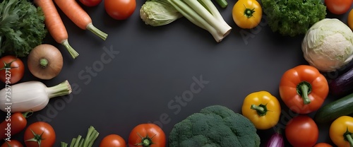 Variety of Fresh Vegetables and Herbs on a Dark Slate Background, Arranged in a frame