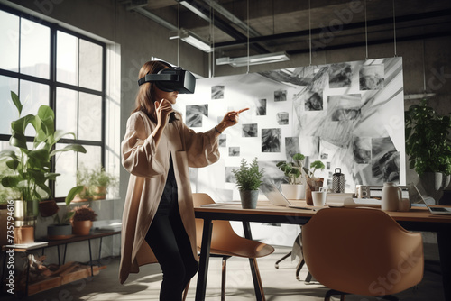 Young woman wearing virtual reality glasses in modern interior design coworking studio.