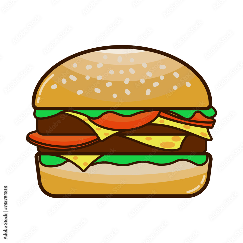 Isolated outline simple cheese burger, icon of fast food, with meat, salad and cheese Isolated outline simple cheese burger, icon of fast food, with meat, salad and cheese