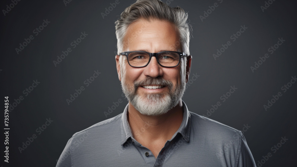 Portrait of confident mature man on dark grey background.
Portrait of confident mature man on dark grey background.
