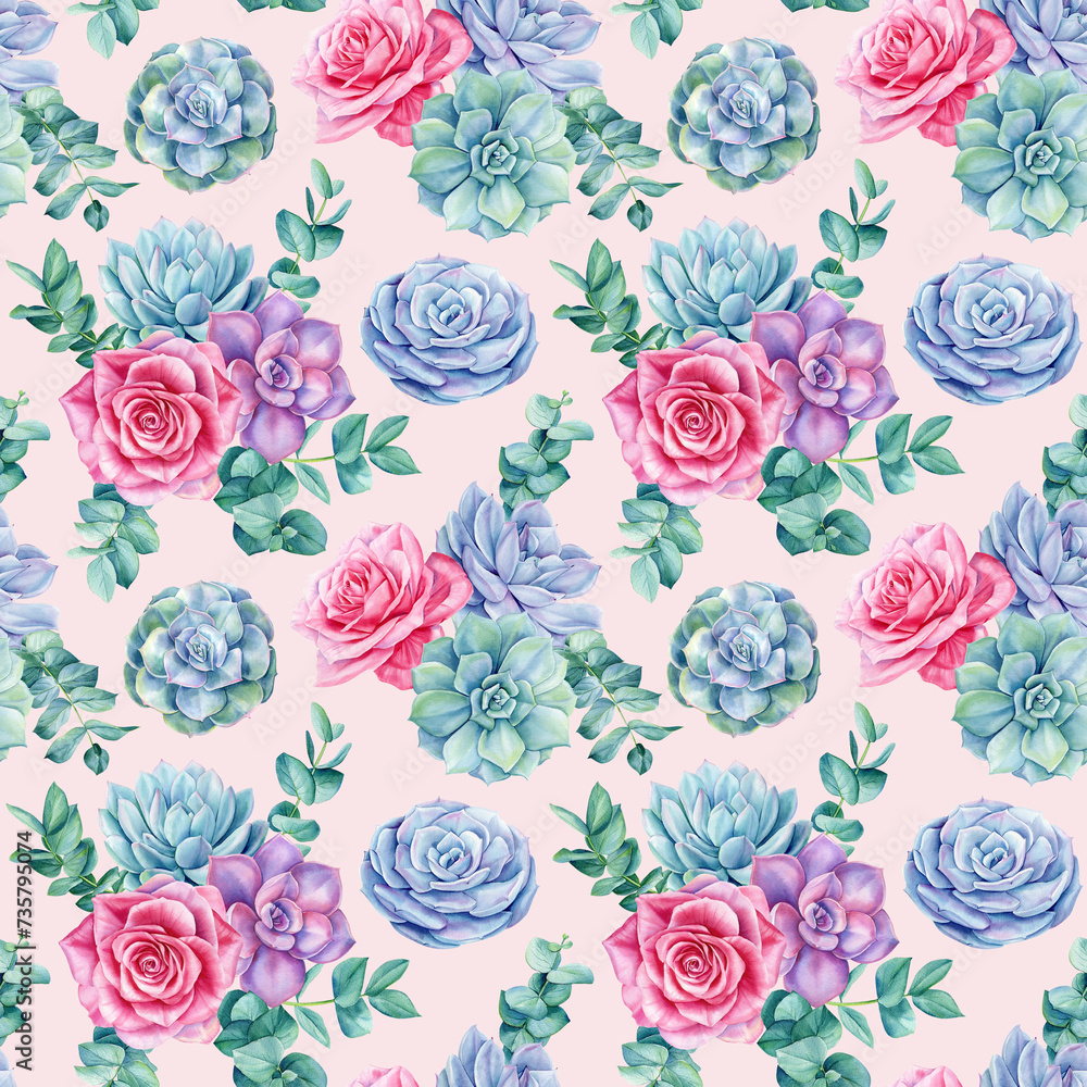 Watercolor succulents seamless pattern. Texture with green plants, roses. Hand painted vintage spring garden background.