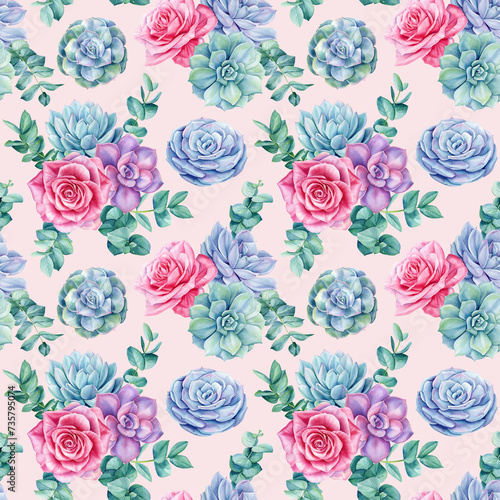 Watercolor succulents seamless pattern. Texture with green plants  roses. Hand painted vintage spring garden background.