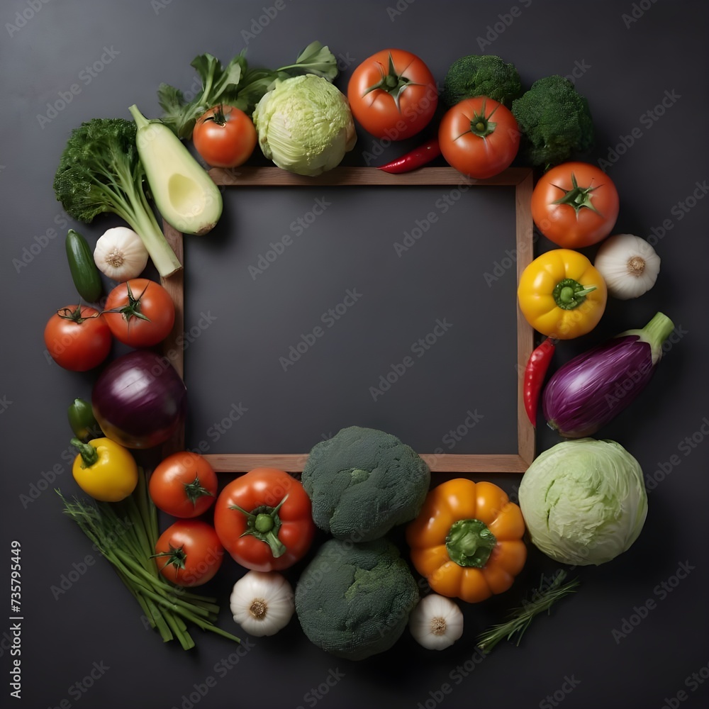 Variety of Fresh Vegetables and Herbs on a Dark Slate Background, Arranged in a frame Variety of Fresh Vegetables and Herbs on a Dark Slate Background, Arranged in a frame