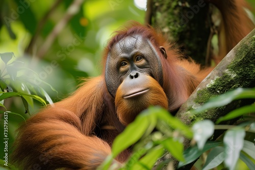 orangutan in a diminishing rainforest canopy