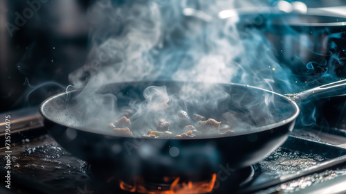 Sizzling food in a pan on a fiery stove.