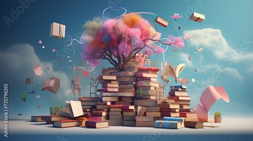Enchanting 3D Illustration of Books Igniting Imagination and Creativity